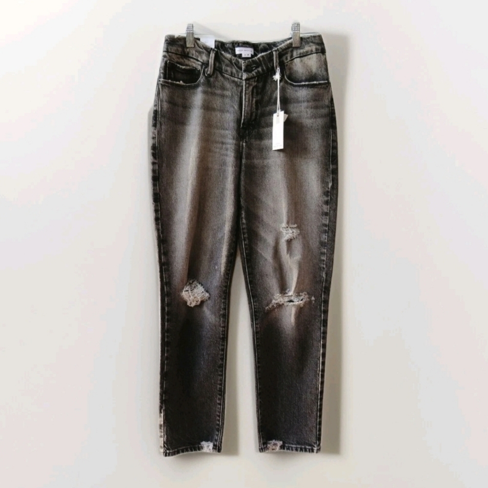 Good American Straight Leg Jeans in Washed Black/Grey with Rips